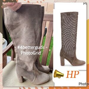NEW Vince Camuto Secillia Perforated Taupe Suede Tall Heeled Boots 6.5M 37